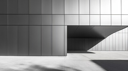 Obraz premium Sharp corner of grey metal building with architectural lines and shadows, modern minimalist urban design