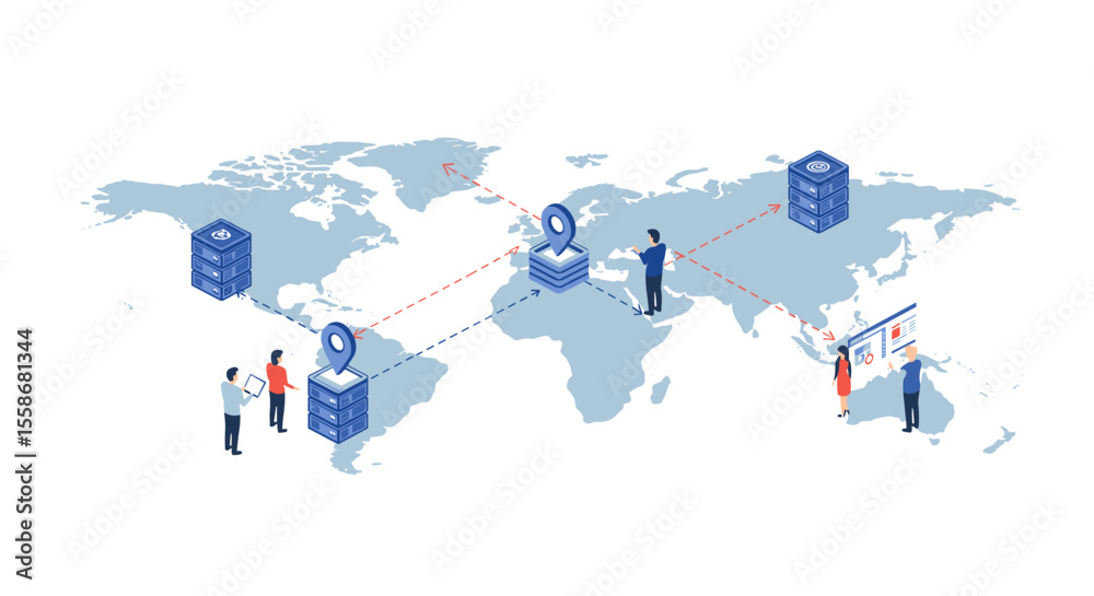 Poster global network data distribution vector illustration - isometric style design for technology concept