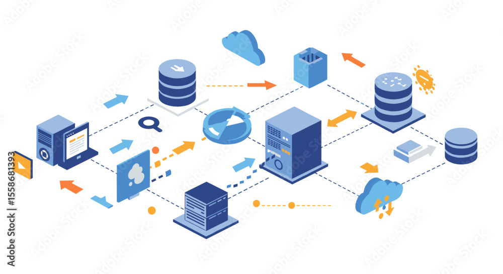 Poster digital network and data storage vector illustration for tech design in isometric style