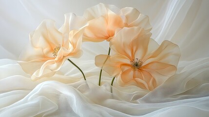 Obraz premium Sheer fabric flower arrangement on soft surface, delicate floral art display with translucent textile materials