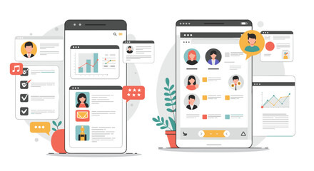 Flat vector illustration of online team management and communication interface for modern business solutions