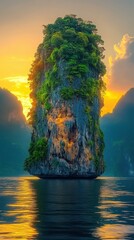 Majestic Isolated Rock Formation Enhancing Sunrise Reflections in Water