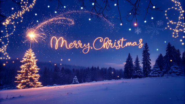 Magical winter night with "Merry Christmas" written in sparklers over snowy forest landscape — Xmas holiday celebration background