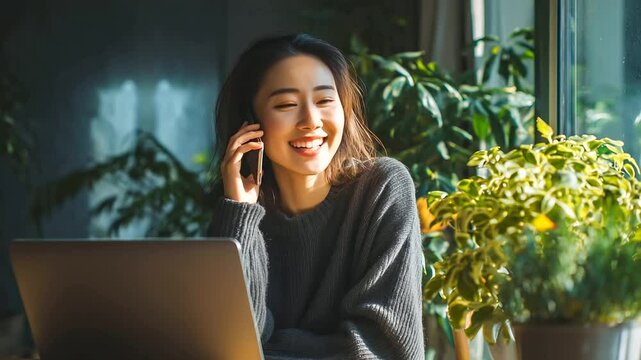 Smiling Asian woman working remotely on laptop while talking on smartphone, cozy home office setup with sunlight and indoor plants remote work, work from home, online communication,Smiling Asi