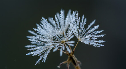 Delicate FrostCovered Dandelion Seed Head Displaying Intricate Crystalline Structures.