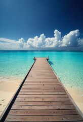 Fototapeta premium Wooden dock stretching into turquoise waters, serene beach backdrop. Tranquil escape into nature's beauty