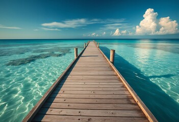 Obraz premium Wooden dock stretching into turquoise waters, serene beach backdrop. Tranquil escape into nature's beauty