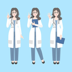 a doctor who has long curly hair in hospital uniform with various posture. flat  vector, illustration design.