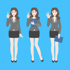 working woman, business woman in her dark suit. she holds her tablet, notebook with various posture. flat vector, illustration design.