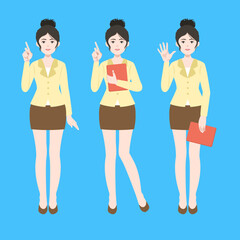 working woman, business woman in suit. she holds her tablet, notebook with various posture. flat vector, illustration design.