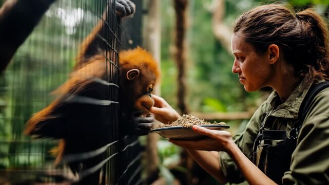 A dedicated zookeeper is carefully feeding a young orangutan in its enclosure, showing a moment of care in the jungle environment.