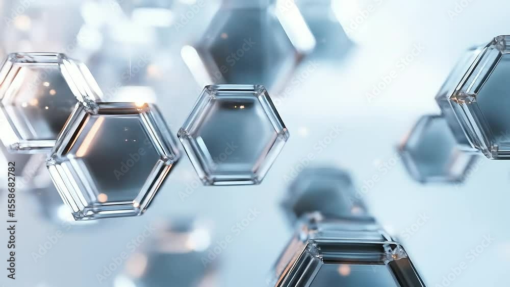 Poster abstract animation of translucent hexagonal prisms floating, reflecting light and creating a sense o