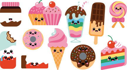 Cute Kawaii Cartoon Sweets Collection Pink Chocolate Ice Cream Cake Donut Lollipop vector