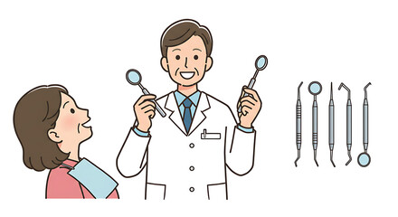 Dentist with Dental Tools and Patient Illustration.
