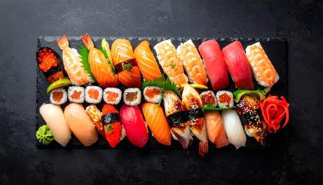 Assorted sushi platter with nigiri, sashimi, and maki rolls on black slate plate, beautifully arranged to highlight fresh fish and vibrant ingredients under natural daylight