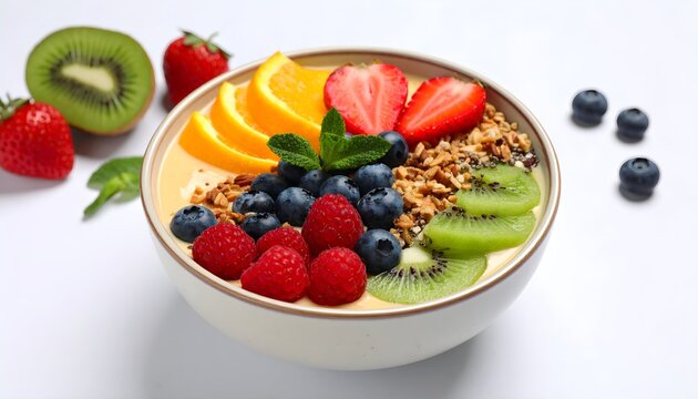 Colorful smoothie bowl topped with fresh berries and granola, set on minimalist white background with natural daylight highlighting vibrant textures and colors