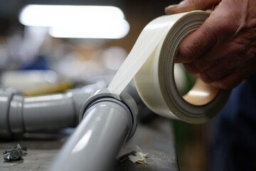 Skilled technician applying adhesive tape to a gray pipe fitting in a workshop, showcasing the importance of proper sealing in plumbing tasks and the tools used for effective repairs