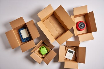Collection of open cardboard boxes with various items inside, including a blue device, green container, red speaker, and white gadget, arranged artistically on a light background for visual appeal
