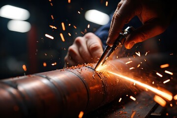 Skilled technician using a cutting tool on metal pipe, sparks flying in workshop, showcasing precision craftsmanship and dedication to metalworking in an industrial environment