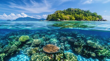Vibrant Coral Reef Underwater Scene with Tropical Island Background