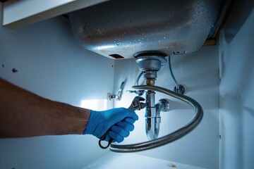 Hand of a plumber wearing blue gloves is adjusting a pipe under a kitchen sink, showcasing plumbing tools and the intricate plumbing system in a well-lit environment with modern fixtures