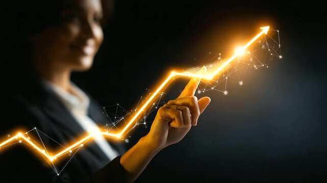 Woman in formal attire interacting with glowing financial projection graph, representing innovation in finance and strategic planning economic innovation, finance leadership