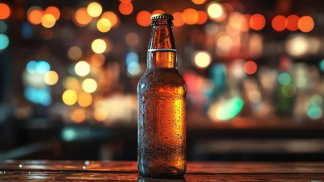 Cold beer bottle on bar, bokeh lights background, implying nightlife, relaxation, and refreshment