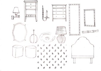 Black and white sketch of interior decor.