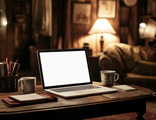 Cozy Home Office Laptop on Wood Table with Vintage Room