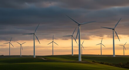 Wind Turbines on Green Hills at Sunset. Renewable Energy Wind Farm with Dramatic Sky for Clean Power Generation and Sustainable Future.