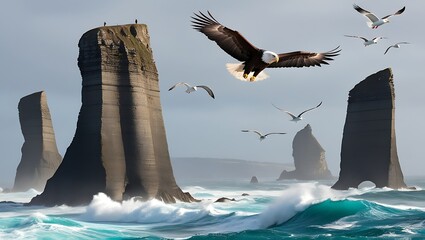 Eagle Soaring Over Sea Stacks