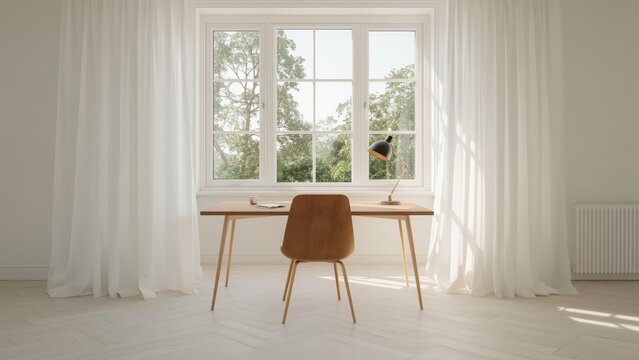 Japandi table furniture Mcm Minimalist design Cross legged desk chair Rounded thuma Wooden Street Burrow The Citizenry brown at by window with white curtains