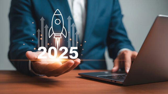 Businessman launches a rocket into the future year 2025, symbolizing growth, success, ambition, and innovation in technology and business ventures.