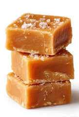 Creamy Salted Caramel Candy Cubes Stacked Neatly on White Background for Gourmet Treats or Desserts Presentation in Food Photography