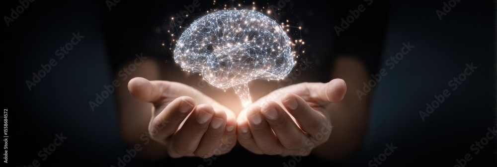 Poster hands supporting a glowing mind symbol representing mental wellness and self-care amid a serene back