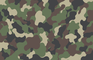 Fototapeta premium Pattern of classic woodland camouflage in earthy tones, ideal for military design, outdoor fashion, hunting gear, tactical products, and adventure backgrounds.