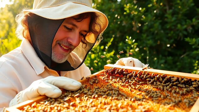 Happy beekeeper inspecting a honeycomb frame full of bees and brood