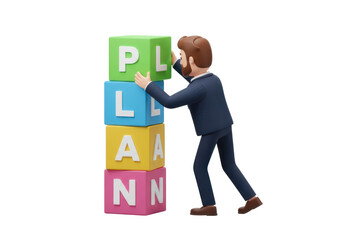 Cartoon businessman pushing a stack of plan blocks isolated on transparent background