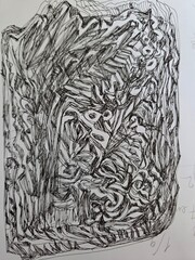 brain fantasy drawing on white paper by black ink. hand made sketch. 