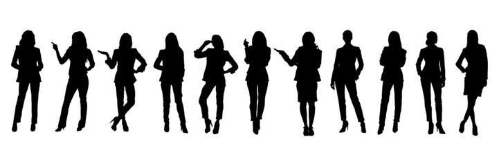 Silhouettes of women in suits in different poses. Ideal for use in business design, corporate visuals, presentations, and infographics