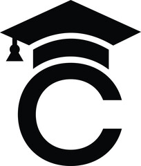 Stylized educational typography featuring lowercase and uppercase letters topped with academic graduation caps, symbolizing modern learning and creative academic design, letter c education hat