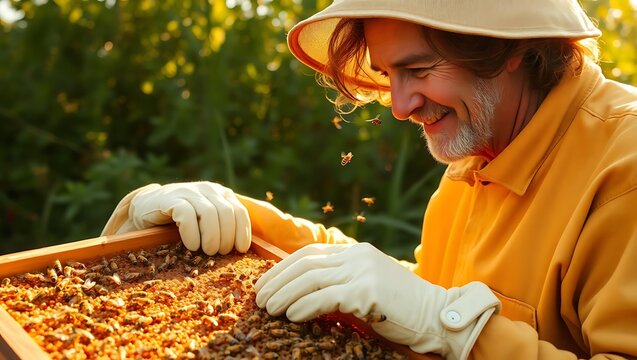 Smiling beekeeper in protective gear inspecting a beehive frame with bees - Powered by Adobe