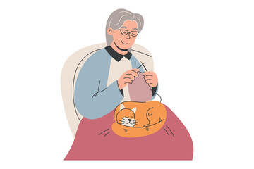 Vector isolated flat illustration of an elderly woman knitting with a cat on her lap, perfect for family, lifestyle, hobby, craft, cozy home, or retirement-themed designs and editorial content.