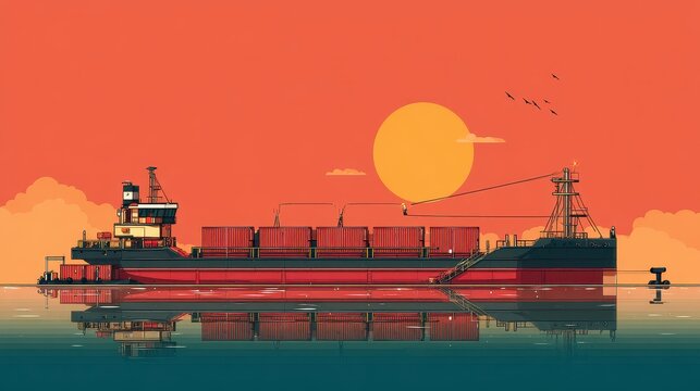 Large freight barge flat design side view theme: dockside logistics animation Triadic Color Scheme. 