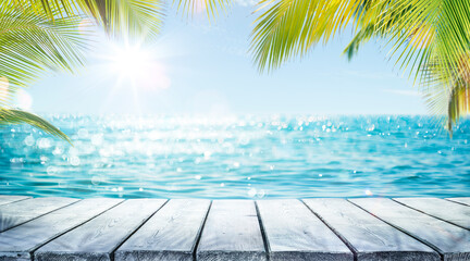 Tropical Summer Table - Sea And Empty Wooden Table With Palm Leaves - Flare Effect And Abstract...