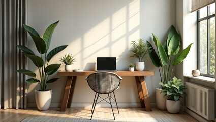 Modern Home Office with Dark Wood Desk and Compact Silver Laptop