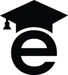 Stylized educational typography featuring lowercase and uppercase letters topped with academic graduation caps, symbolizing modern learning and creative academic design, letter e education hat