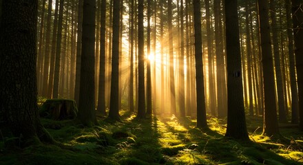 Fototapeta premium Golden sunlight streams through a dense forest, illuminating tall trees and lush green moss. Serene nature landscape.