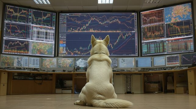 White Dog in Stock Market Control Room