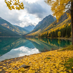 Obraz premium Autumnal Lakeside Vista Golden Foliage Mountain Majesty and Tranquil Waters